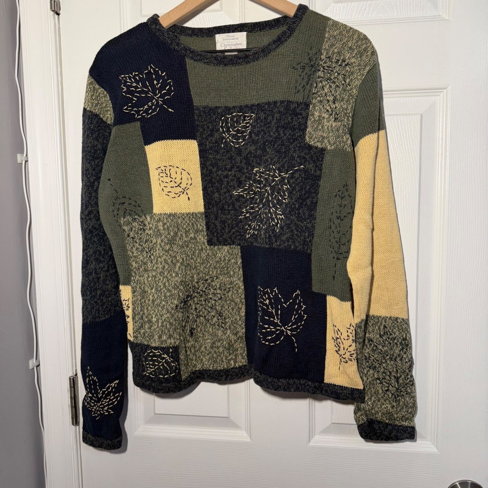 2003 vintage Christopher & Banks Patchwork Hand Embroidered Leaf Sweater L